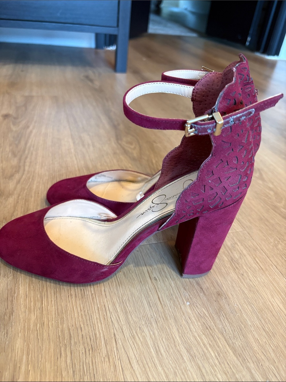 Jessica Simpson Wine Ankle-Strap Block Heels
